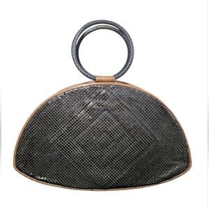 Vintage Whiting and Davis Mesh Metal and Brown Leather Top Handle Bag
